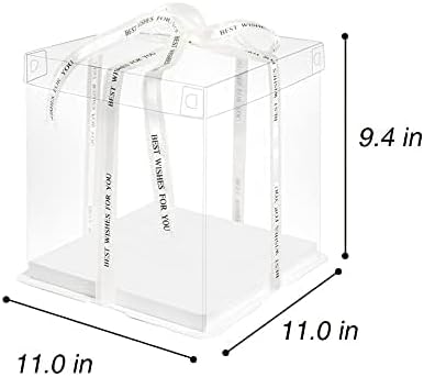 10 Inch Clear Cake Box,2 Pcs 10" X 10" X 9" Transparent Cake Box with Ribbon for 8" Cakes-Clear Tall Cake Boxs- Gift Boxes with Lid for Wedding Party and Gift Display (White-2 Set)