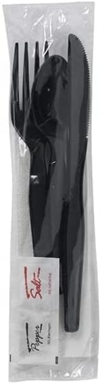 100 Plastic Cutlery Packets - Knife Fork Spoon Napkin Salt Pepper Sets | Black Silverware Sets Individually Wrapped Cutlery Kits, Bulk Plastic Utensil Cutlery Set Disposable To Go Silverware