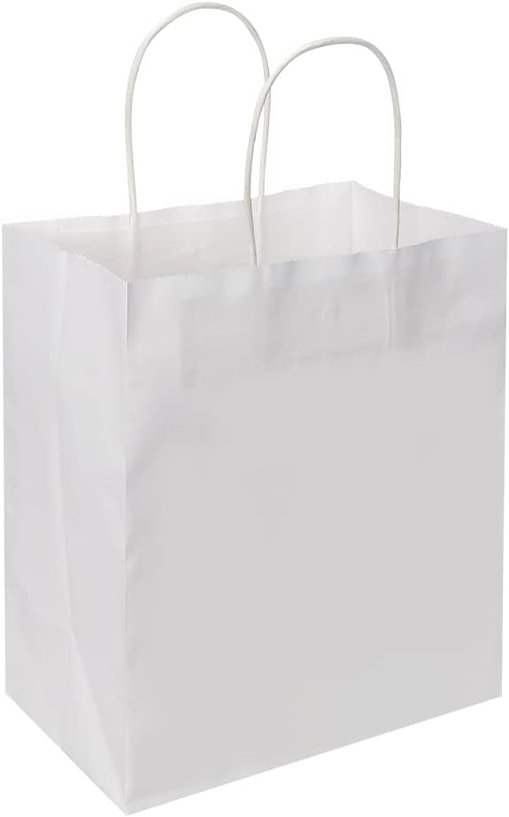 Oikss 100 Pack 8x4.75x10 Inch Medium Brown Kraft Paper Bags with Handles Bulk for Wedding Birthday Party Favors Grocery Retail Shopping Business Goody Craft Gift Bags Sacks (Plain Natural 100 Count)