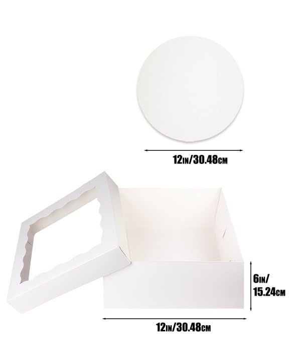 qiqee White 6x6x5 Cake Box, 4 Sets White Cake Box with Window ＆ 4 Sets 6" White Cake Round Boards, 6inch Cake Containers