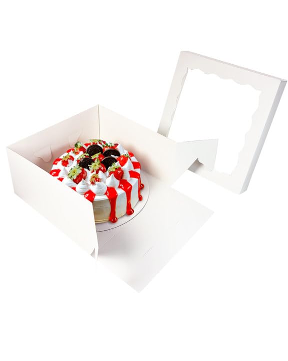 qiqee White 6x6x5 Cake Box, 4 Sets White Cake Box with Window ＆ 4 Sets 6" White Cake Round Boards, 6inch Cake Containers