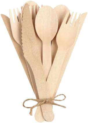 100% Compostable Cutlery Set - 150 Pieces Wooden Compostable Utensils [50 Forks, Knives, Spoons] - Disposable Wooden Cutlery, Eco Friendly Forks & Spoons Set Party Utensils