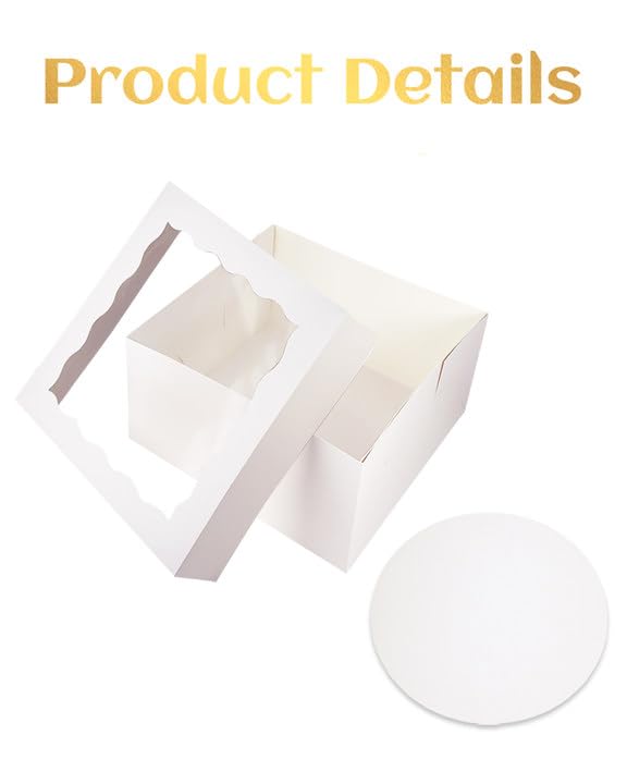 qiqee White 6x6x5 Cake Box, 4 Sets White Cake Box with Window ＆ 4 Sets 6" White Cake Round Boards, 6inch Cake Containers
