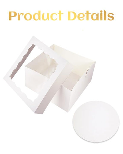 qiqee White 6x6x5 Cake Box, 4 Sets White Cake Box with Window ＆ 4 Sets 6" White Cake Round Boards, 6inch Cake Containers