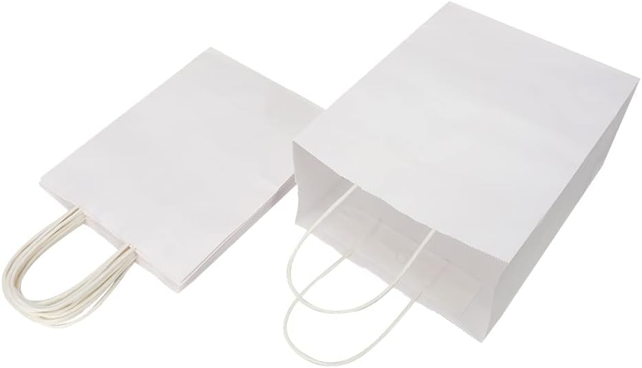 Oikss 100 Pack 8x4.75x10 Inch Medium Brown Kraft Paper Bags with Handles Bulk for Wedding Birthday Party Favors Grocery Retail Shopping Business Goody Craft Gift Bags Sacks (Plain Natural 100 Count)