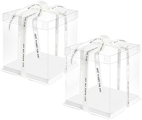 10 Inch Clear Cake Box,2 Pcs 10" X 10" X 9" Transparent Cake Box with Ribbon for 8" Cakes-Clear Tall Cake Boxs- Gift Boxes with Lid for Wedding Party and Gift Display (White-2 Set)