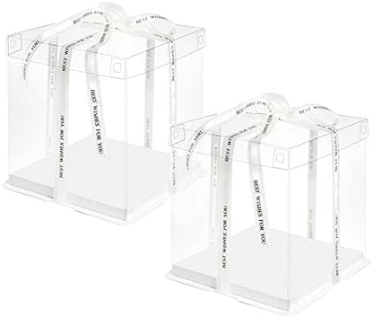 10 Inch Clear Cake Box,2 Pcs 10" X 10" X 9" Transparent Cake Box with Ribbon for 8" Cakes-Clear Tall Cake Boxs- Gift Boxes with Lid for Wedding Party and Gift Display (White-2 Set)