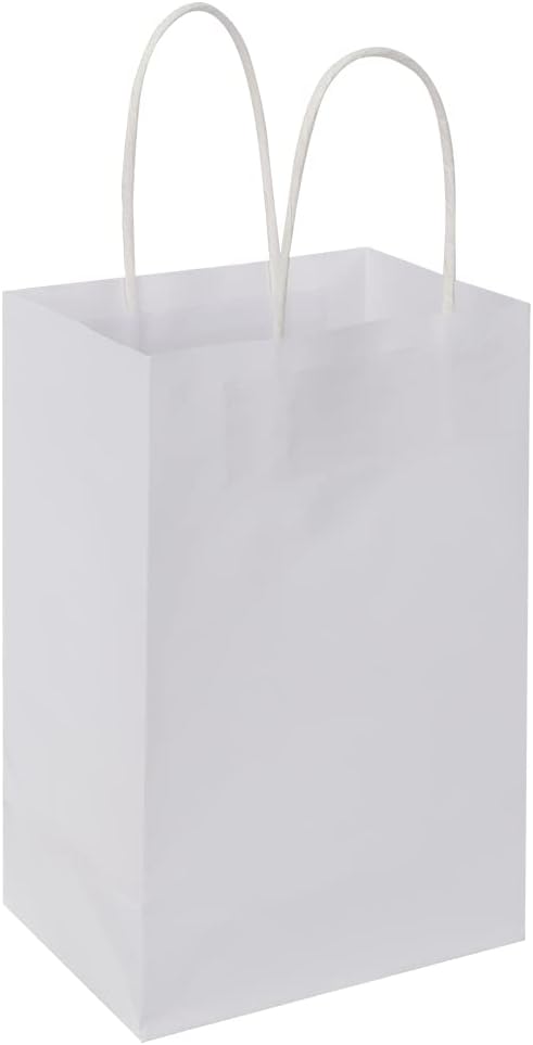 Oikss 100 Pack 5.25x3.25x8.25 Inch Small White Kraft Paper Bags with Handles Bulk for Birthday Wedding Party Favors Grocery Retail Shopping Business Goody Craft Gift Bags Cub Sacks (100pcs Count)