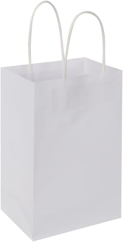 Oikss 100 Pack 5.25x3.25x8.25 Inch Small White Kraft Paper Bags with Handles Bulk for Birthday Wedding Party Favors Grocery Retail Shopping Business Goody Craft Gift Bags Cub Sacks (100pcs Count)