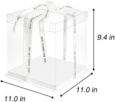 10 Inch Clear Cake Box,2 Pcs 10" X 10" X 9" Transparent Cake Box with Ribbon for 8" Cakes-Clear Tall Cake Boxs- Gift Boxes with Lid for Wedding Party and Gift Display (White-2 Set)