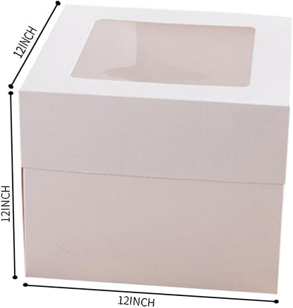 2 Pack Cake Boxes with Ribbons 12x12x12 inch Tall Large White Bakery Square Cake Boxes with Window for Weddings Birthdays Decorating