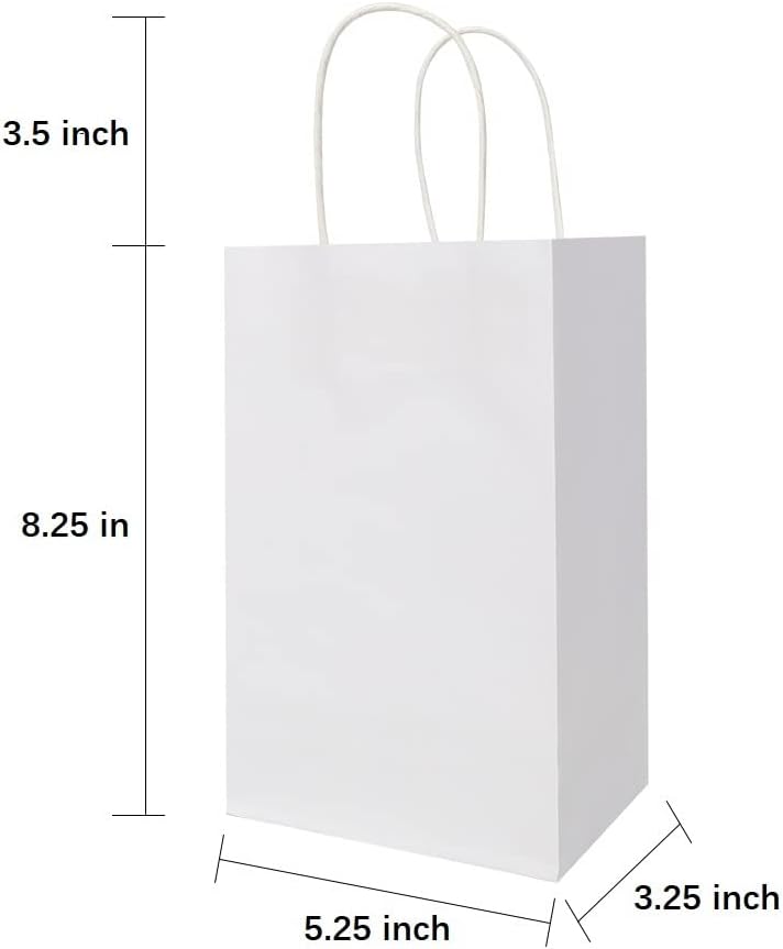 Oikss 100 Pack 5.25x3.25x8.25 Inch Small White Kraft Paper Bags with Handles Bulk for Birthday Wedding Party Favors Grocery Retail Shopping Business Goody Craft Gift Bags Cub Sacks (100pcs Count)