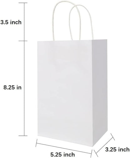 Oikss 100 Pack 5.25x3.25x8.25 Inch Small White Kraft Paper Bags with Handles Bulk for Birthday Wedding Party Favors Grocery Retail Shopping Business Goody Craft Gift Bags Cub Sacks (100pcs Count)