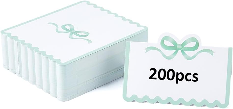 SUPERFINDINGS 200Pcs Blank Place Cards Blue Bow Place Cards 4.02x3.54 Inch/10.2x9cm Wedding Seating Card Buffet Food Labels Tent Fold Table Name Card for Wedding Party Table Setting