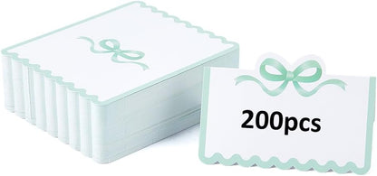 SUPERFINDINGS 200Pcs Blank Place Cards Blue Bow Place Cards 4.02x3.54 Inch/10.2x9cm Wedding Seating Card Buffet Food Labels Tent Fold Table Name Card for Wedding Party Table Setting