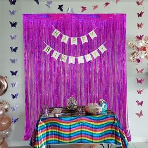Happy Mothers Day Decorations Melsan 3 Pack 3.2 x 8.2 ft Pinkish Purple Tinsel Fringe Curtain Backdrop, Sparkling Metallic Party Decorations for Girls Birthday, Bachelorette, Wedding, Photo Booth