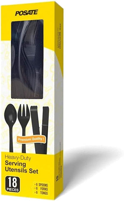 Plastic Serving Utensils, 9" Clear Disposable Utensils 18 Pack, 6 Serving Tongs, Spoons, Forks