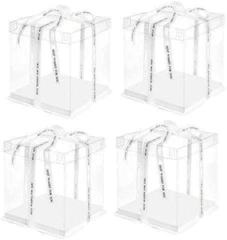 10 Inch Clear Cake Box,2 Pcs 10" X 10" X 9" Transparent Cake Box with Ribbon for 8" Cakes-Clear Tall Cake Boxs- Gift Boxes with Lid for Wedding Party and Gift Display (White-2 Set)