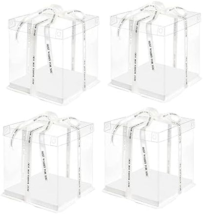 10 Inch Clear Cake Box,2 Pcs 10" X 10" X 9" Transparent Cake Box with Ribbon for 8" Cakes-Clear Tall Cake Boxs- Gift Boxes with Lid for Wedding Party and Gift Display (White-2 Set)