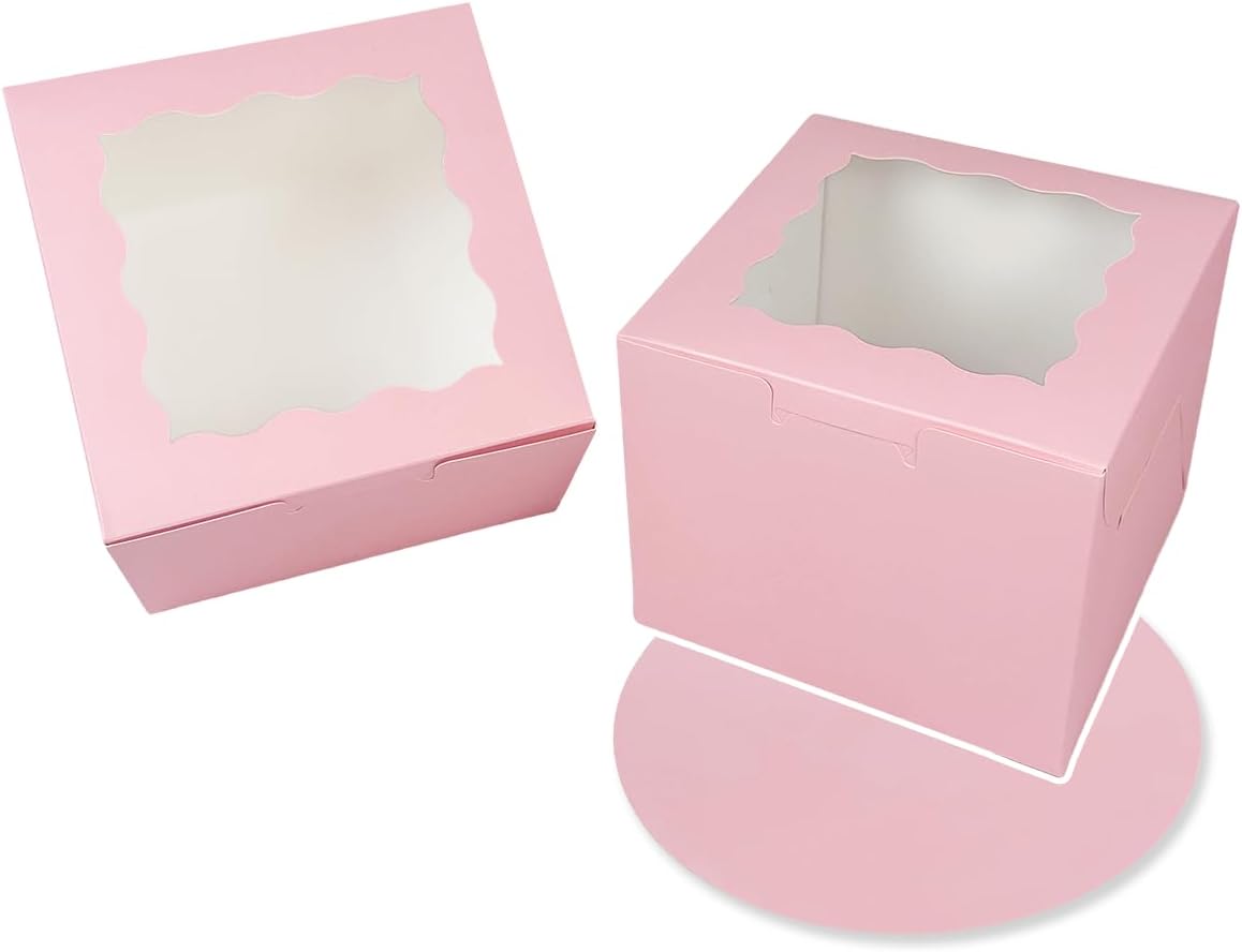 Bakepacker 36pcs 6x6x5 Inches with Window 18-Packs White 6 Inch Bakery Boxes (18 Cake Boxes +18 Cake Boards + 10 Meters Silk Ribbon Includes Included)