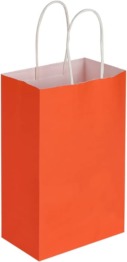 Oikss 100 Pack 5.25x3.25x8.25 Inch Small White Kraft Paper Bags with Handles Bulk for Birthday Wedding Party Favors Grocery Retail Shopping Business Goody Craft Gift Bags Cub Sacks (100pcs Count)