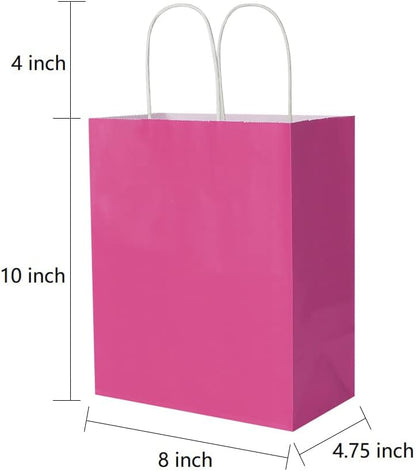 Oikss 100 Pack 8x4.75x10 Inch Medium Brown Kraft Paper Bags with Handles Bulk for Wedding Birthday Party Favors Grocery Retail Shopping Business Goody Craft Gift Bags Sacks (Plain Natural 100 Count)