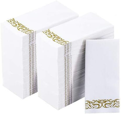 JOLLY CHEF 100 Disposable Hand Towels, Soft and Absorbent Linen Feel Dinner Napkin, Elegant Decorative Paper Guest Towels for Kitchen, Bathroom,Thanksgiving, Weddings,Parties, Gold and White