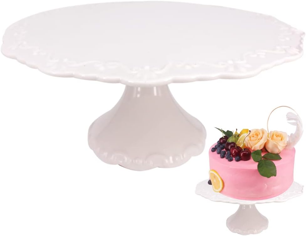 10 Inch White Ceramic Cake Stand (Holds 10 Inch Cake), Decorative Cupcake Stand, Dessert Display Plates for Snacks and Cookies, Baby Shower, Birthday, Wedding Party Decor