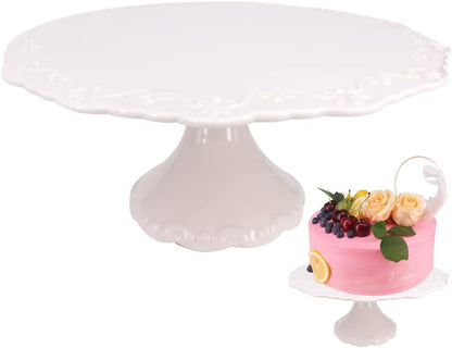 10 Inch White Ceramic Cake Stand (Holds 10 Inch Cake), Decorative Cupcake Stand, Dessert Display Plates for Snacks and Cookies, Baby Shower, Birthday, Wedding Party Decor