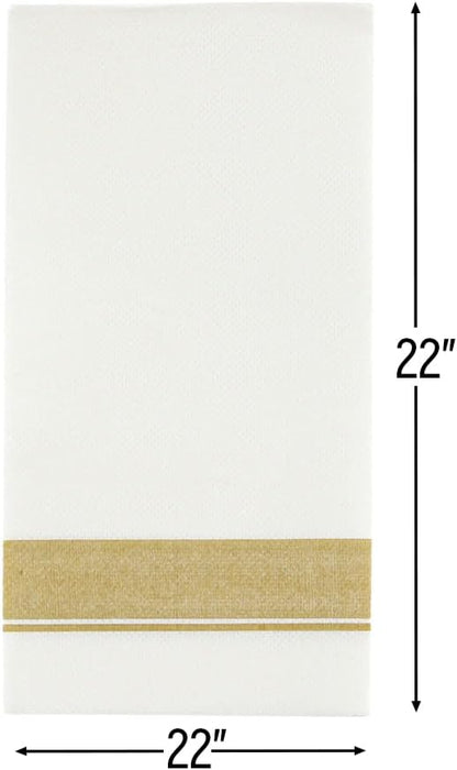 Rectangle Cloth-Like White Napkins with Gold Border, 50 Pack Fancy Paper Napkins, 22" x 22" Disposable Dinner Napkins - Decorative For Parties, Weddings, Dinners, Upscale Parties & Events