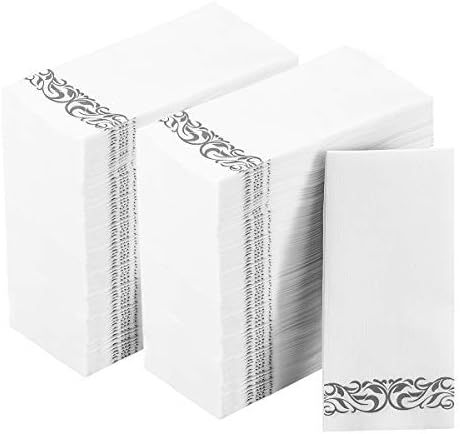JOLLY CHEF 100 Disposable Hand Towels, Soft and Absorbent Linen Feel Dinner Napkin, Elegant Decorative Paper Guest Towels for Kitchen, Bathroom,Thanksgiving, Weddings,Parties, Gold and White