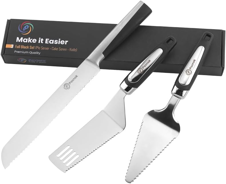 Pie Server Spatula and Cake Cutter Slicer, Stainless Steel Set - Kitchen Essentials for Cutting & Serving Desserts, Brownies, Lasagna (Black, 10 inches)
