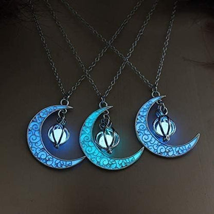 Glow in The Dark Silver Crescent Moon and Orb Necklace - Glowing Blue Moon Charm - Magical Fantasy Fairy Glowing Necklace - Glow Jewelry (blue-green)