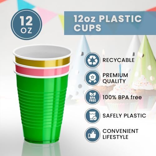 DecorRack 20 Party Cups 12 oz Disposable Plastic Cups for Birthday Party Bachelorette Camping Indoor Outdoor Events Beverage Drinking Cups (Black, 20)