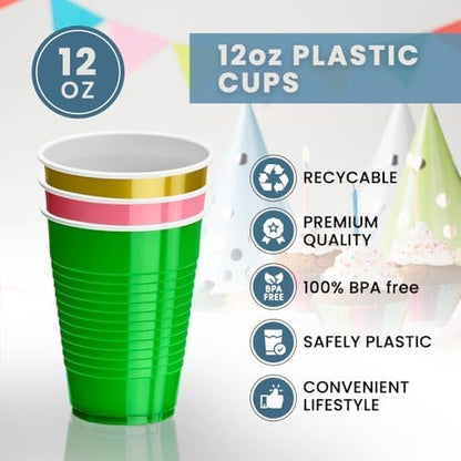 DecorRack 20 Party Cups 12 oz Disposable Plastic Cups for Birthday Party Bachelorette Camping Indoor Outdoor Events Beverage Drinking Cups (Black, 20)