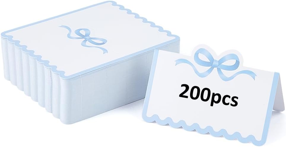 SUPERFINDINGS 200Pcs Blank Place Cards Blue Bow Place Cards 4.02x3.54 Inch/10.2x9cm Wedding Seating Card Buffet Food Labels Tent Fold Table Name Card for Wedding Party Table Setting