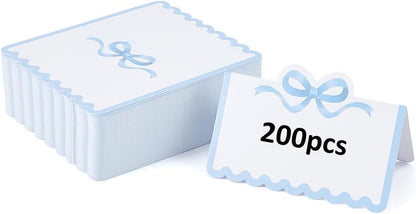 SUPERFINDINGS 200Pcs Blank Place Cards Blue Bow Place Cards 4.02x3.54 Inch/10.2x9cm Wedding Seating Card Buffet Food Labels Tent Fold Table Name Card for Wedding Party Table Setting