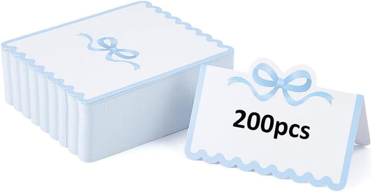SUPERFINDINGS 200Pcs Blank Place Cards Blue Bow Place Cards 4.02x3.54 Inch/10.2x9cm Wedding Seating Card Buffet Food Labels Tent Fold Table Name Card for Wedding Party Table Setting