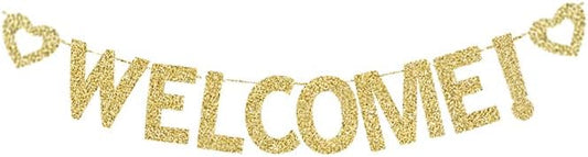 Welcome Banner, Home Party/Birthday/Wedding/Bach/Engagement/Fiesta/Retirement Party Reception Table Decorations Gold Gliter Paper Signs