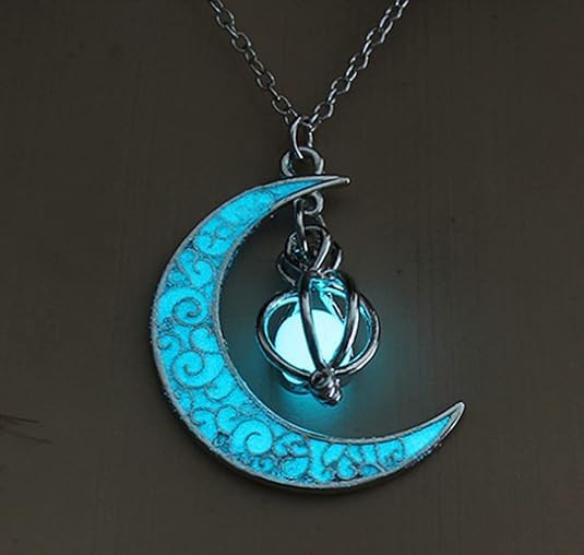 Glow in The Dark Silver Crescent Moon and Orb Necklace - Glowing Blue Moon Charm - Magical Fantasy Fairy Glowing Necklace - Glow Jewelry (blue-green)