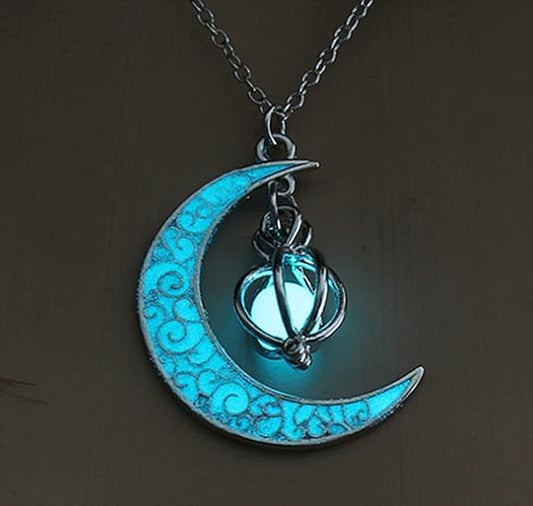 Glow in The Dark Silver Crescent Moon and Orb Necklace - Glowing Blue Moon Charm - Magical Fantasy Fairy Glowing Necklace - Glow Jewelry (blue-green)