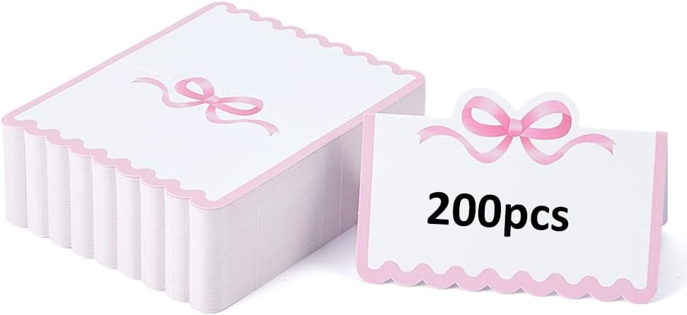 SUPERFINDINGS 200Pcs Blank Place Cards Blue Bow Place Cards 4.02x3.54 Inch/10.2x9cm Wedding Seating Card Buffet Food Labels Tent Fold Table Name Card for Wedding Party Table Setting