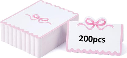 SUPERFINDINGS 200Pcs Blank Place Cards Blue Bow Place Cards 4.02x3.54 Inch/10.2x9cm Wedding Seating Card Buffet Food Labels Tent Fold Table Name Card for Wedding Party Table Setting
