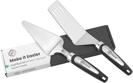Pie Server Spatula and Cake Cutter Slicer, Stainless Steel Set - Kitchen Essentials for Cutting & Serving Desserts, Brownies, Lasagna (Black, 10 inches)