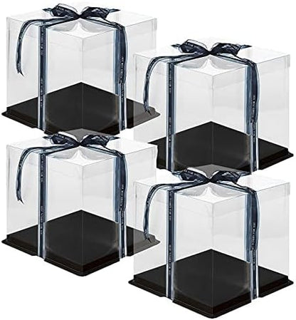 10 Inch Clear Cake Box,2 Pcs 10" X 10" X 9" Transparent Cake Box with Ribbon for 8" Cakes-Clear Tall Cake Boxs- Gift Boxes with Lid for Wedding Party and Gift Display (White-2 Set)