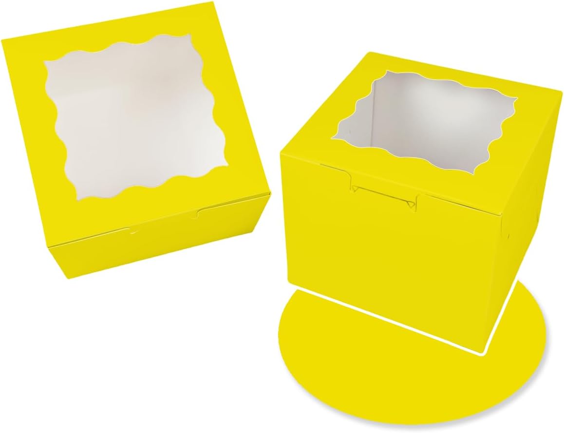 Bakepacker 36pcs 6x6x5 Inches with Window 18-Packs White 6 Inch Bakery Boxes (18 Cake Boxes +18 Cake Boards + 10 Meters Silk Ribbon Includes Included)