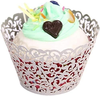 50 Pcs White Pearl Lace Laser Cut Filigree Wedding Cupcake Wrapper Baking Cake Cups Wraps Cupcake Muffin Case Trays for Special Occasions