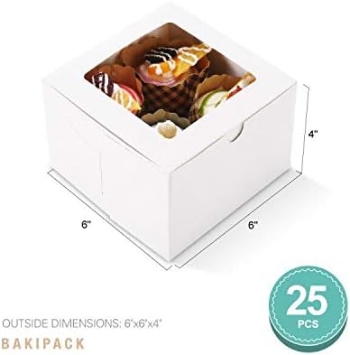25 Gold Bakery Boxes with Window, 6x6x4 Inches Cake Boxes with Window, Treat Boxes for Small Bakery, Dessert, Candy, Cookies, Pastry, Party Favors, Wedding Cake