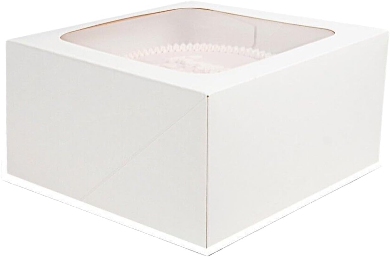 JBR & JM 5-Pack White Cake Boxes with Window - 10x10x5 Inches, Disposable Bakery Box for Cakes, Pastries, Desserts, Cookies - Square Cake Containers for Birthday Parties and Weddings