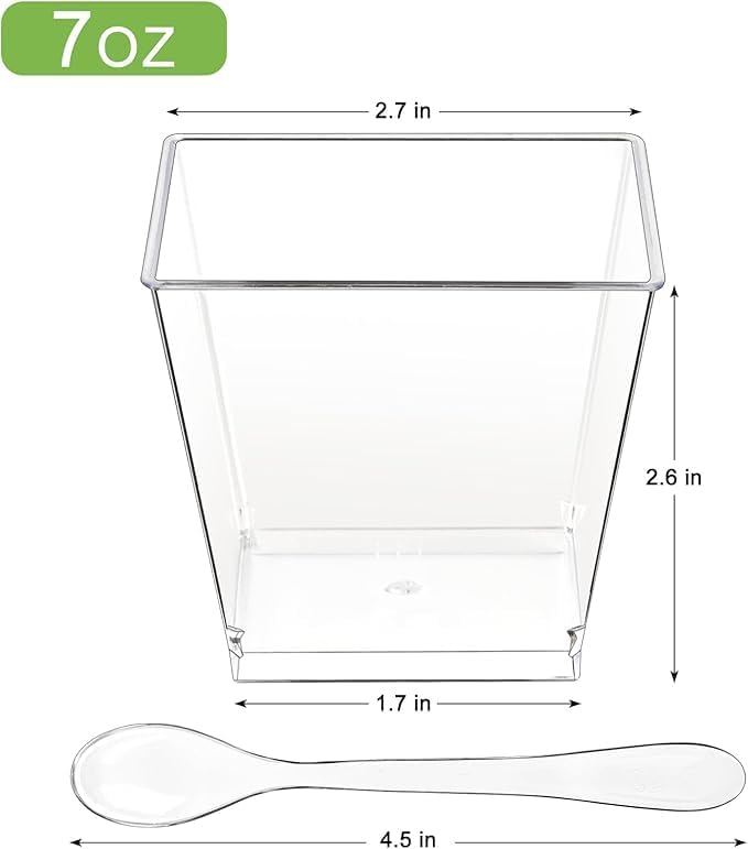Zezzxu 3 oz Square Mini Dessert Cups with Spoons - 50 Pack Plastic Pudding & Parfait Cups Party Dessert Shooters for Serving Trifle Mousse Cake Appetizers
